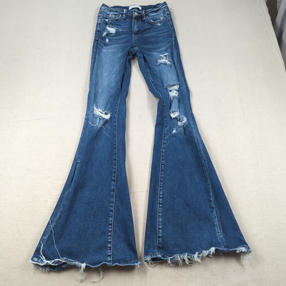Flying Monkey Jeans Womens 24 Blue Flare Stretch Distressed Frayed